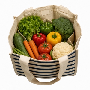 Sac fourre-tout en toile de coton biologique 100% résistant de la marque RAMESH EXPORTS |   Sac réutilisable à rayures bleues avec bandoulière et poignée supérieure, taille moyenne - Product Image 2