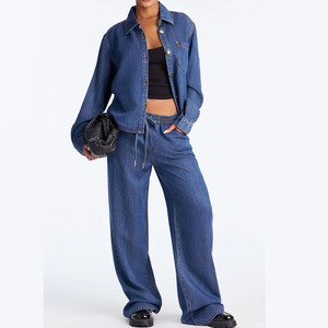 <b>Women</b> Denim Tracksuit Oversized Button Up <b>Jacket</b> And Drawstring Pants Set Casual Streetwear Full Length Solid - Product Image 1