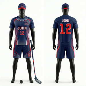 Uniforme de Floorball pour Hommes en Polyester Respirant à Mailles Souples GSM, Style Panneau Bleu Marine et Rouge, Personnalisable avec Logo d'Équipe, Nom et Numéro par Sublimation - Product Image 1