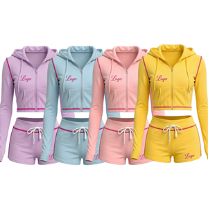 2026 Women's Custom Logo Athletic Set Solid-Color Long-Sleeve Hooded Zipper Jacket and Drawstring <b>Shorts</b> Two-Piece Set - Product Image 1