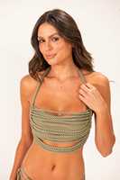 Ensemble bikini halter en corde macramé Olive, deux pièces, avec haut halter tressé à la main Sedona et bas de maillot tie-side coupe coquine, en cordon texturé couleur sauge
