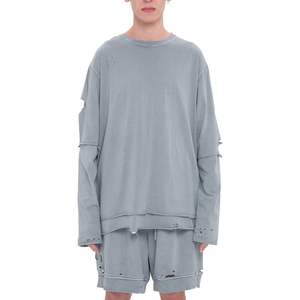 New Streetwear Thick 100% Cotton Oversized Distressed <b>Sweatshirts</b>+Short Set Summer Sporty Printed Tall <b>Long</b> Sleeve Custom Design - Product Image 1