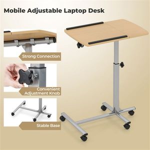 Adjustable 24.5-36 Inch Laptop Desk Cart Natural Mobile <b>Workstation</b> with Lockable Wheels and Tilt Angle - Product Image 5