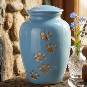 Urne funéraire pour animaux de compagnie bleue avec empreintes de pattes dorées - Toujours en souvenir - Product Image 6