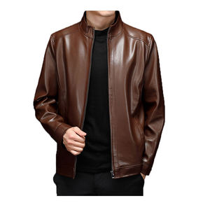 Blouson moto en cuir PU marron pour homme, col roulé, fermeture éclair, coupe classique, style décontracté hiver, couleur unie - Product Image 2