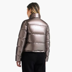 Chaqueta Acolchada para Mujer, Cuello Alto, Manga Larga, Corta, Color Gris Metálico, Abrigo de Invierno, Cierre de Botones, Poliéster Grueso - Product Image 3