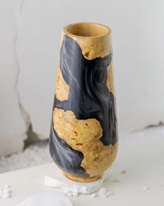 Modern Art Deco Wooden Resin Vase Round Glossy Black Gold Handmade Tabletop Floral Display - Product Image 4