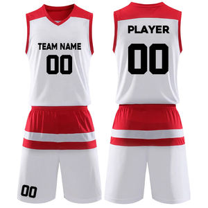 Ensemble d'uniformes de basketball personnalisés blanc et rouge, sans manches, col en V, sublimation du nom de l'équipe et du joueur 00, polyester respirant, unisexe adulte - Product Image 1