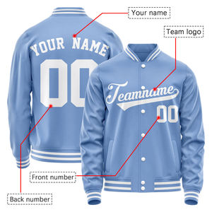 Custom Light Blue Baseball Jacket With Embroidered Team Name Number Personalized Unisex Adult Full Sleeve Button Up Sportswear - Product Image 1