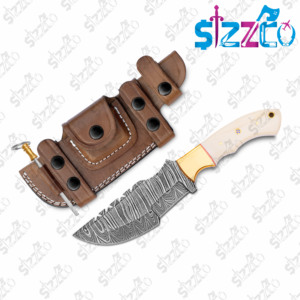 Custom Handcrafted Damascus Steel Hunting <b>Knife</b> Fixed Blade Drop Point <b>Bone</b> <b>Handle</b> Outdoor Survival <b>Knife</b> with Leather Sheath - Product Image 2