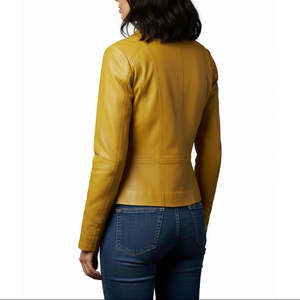 Veste courte imprimée sans col en cuir de mouton jaune moutarde sur mesure pour femme taille XS, élégante, raffinée et minimaliste, fabriquée à la main - Product Image 4