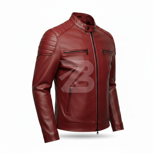 Zarina Wear Men Genuine Leather <b>Jacket</b> <b>Red</b> Biker Motorcycle <b>Jacket</b> Stand Collar Zip Up Matte Black Hardware OEM - Product Image 2