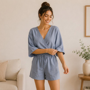 Ensemble de vêtements de nuit en lin pour femmes, pyjamas respirants OEKOTEX, vêtements décontractés pour femmes, vêtements d'été - Product Image 1