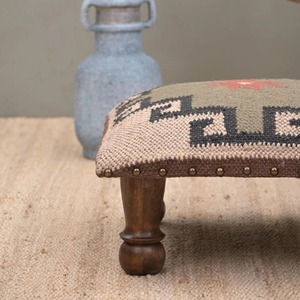Southwestern Style Square Fabric <b>Pouf</b> With Geometric Pattern And Wooden Legs Handcrafted For Living Room Use - Product Image 2