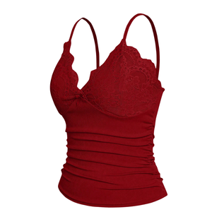 Camiseta sin mangas de encaje acanalado para mujer, cuello en V, elástica, ajustada, suave, transpirable, informal, para verano, color rojo vino - Product Image 2