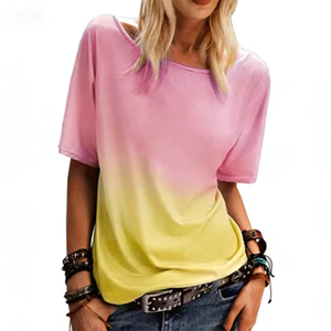 Camiseta de Verano para Mujer, Cuello Redondo, Manga Corta, Estampado Tie Dye Degradado, Ropa Casual de Algodón para Primavera/Verano - Product Image 4