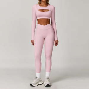 Ensemble de leggings et soutien-gorge de sport personnalisé, respirant, extensible dans quatre directions, en Spandex/Nylon, taille haute avec cordon de serrage, effet froncé, pour l'entraînement et le yoga - Product Image 6