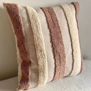 Striped Linen Cotton <b>Throw</b> Pillow Cover Square Washable Minimalist Design <b>Beige</b> Brown Tone Decorative Cushion For Bulk Supply - Product Image 3