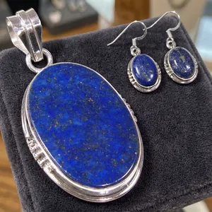 925 Sterling Silver Lapis Lazuli Jewelry Set Large Oval Pendant Earrings Blue Gemstone Bezel Setting Women's Jewelry Sets - Product Image 5