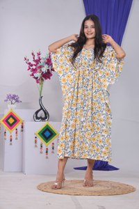 Vestido Kaftán de Algodón con Estampado Floral Naranja para Mujer, Cintura Holgada, Largo hasta la Rodilla, Cuello en V, Manga Corta, Ropa Formal Transpirable - Product Image 2