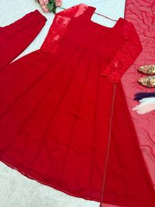 Women's Red Floor-Length Traditional <b>Dress</b> <b>With</b> Lace Sleeves And <b>Cape</b> Loose Fit <b>Wedding</b> Attire India Pakistan Style - Product Image 6