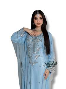 Awais House Women's Light Blue Embroidered Abaya High Neck Long Sleeve Floor Length Plus Size Elegant Wedding Dress Polyester - Product Image 5