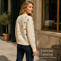 Pull en maille torsadée personnalisé pour femme, décontracté, brodé floral, col rond ample, vintage, beige, pour l'hiver, usage quotidien