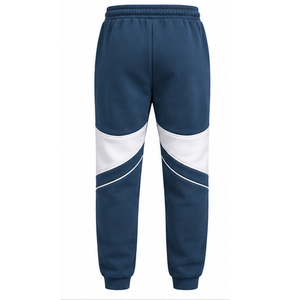 Custom Dark Blue Fleece <b>Jogger</b> Pants <b>White</b> Curved Contrast Panel Design Elastic Waist Ribbed Cuffs Wholesale OEM Clothing - Product Image 3