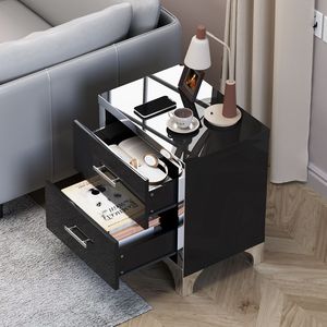 Mesita de Noche Moderna con Acabado Brillante y Espejo, con 2 Cajones y Tiradores de Madera y Metal - Product Image 2