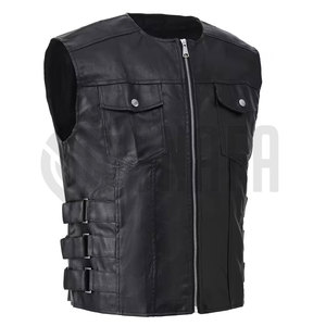 Top Trending <b>Men's</b> Genuine <b>Leather</b> Motorcycle Racing Vest Solid Black Color Rider Sleeveless <b>Jacket</b> for <b>Men</b> - Product Image 3