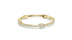 Bracelet tennis à fermoir à maillons, avec diamant de laboratoire taille émeraude 5 carats et halo pavé rond, en or massif 18 carats, bijoux fins pour femme - Product Image 1