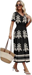 Vestidos Maxi para Mujer, Cuello en V, Vestido Midi Largo, Línea A, Cintura Fruncida, Ropa Casual de Verano y Primavera, Estilo Boho, Playa - Product Image 4