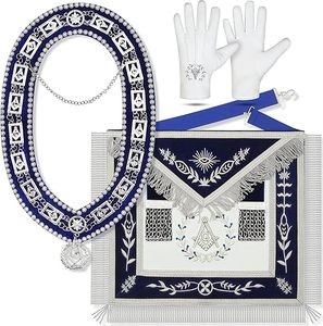 Masonic Premium Lambskin Grand Master <b>Silver</b> Wreath Embroidered Apron With Chain Collar And <b>Gloves</b> - Premium Embroidery - Product Image 1