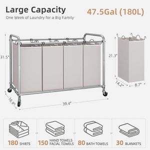 Cesto Portabiancheria a 4 Scomparti da 180 L (47,5 Galloni) con Ruote, Pratico per Separare e Organizzare il Bucato - Product Image 5