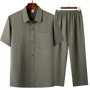 Men's Solid Plus Size Short Sleeve Shirt And Pants <b>Set</b> Casual Summer Wear Gray <b>Knitted</b> Cotton Fabric - Product Image 4
