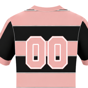 Maillot de rugby rose clair et noir à manches courtes, col rond, rayé, pour l'entraînement et les matchs sportifs - Product Image 4