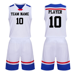 Ensemble de maillots de basket personnalisés blanc bleu rouge col en V sans manches 100% polyester respirant imprimé par sublimation adulte unisexe - Product Image 1