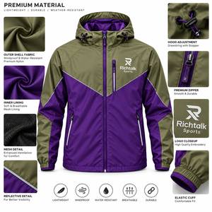 Veste coupe-vent à capuche, couleur olive et violet, style sportif, fermeture éclair sur le devant, logo, hiver, séchage rapide, streetwear - Product Image 6