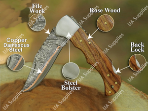 Couteau pliant professionnel fait main en acier Damas cuivré avec manche en bois de rose, pointe clip, pour chasse, camping, EDC, avec étui et aiguiseur - Product Image 6