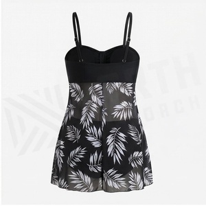Women's Black Chiffon Swimdress With White Leaf Print Bandeau Top And <b>Skirt</b> Regular Fit Stretch Fabric - Product Image 2