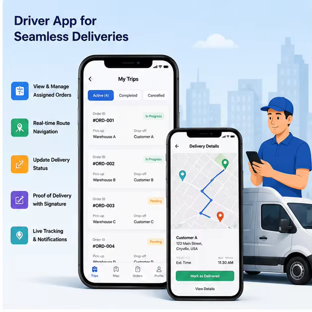 Delivery Driver App Cross Platform MAC/Linux Stock Mobile App Development Order Management Navigation Notification Software