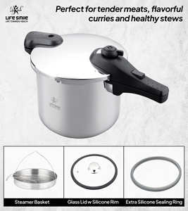 Olla a Presión Premium de 8L de Acero Inoxidable 18/10 con Sistema de Seguridad Avanzado, Tapa de Vidrio y Cesta para Vapor - Product Image 5