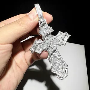 Pendentif Croix en Fil d'Argent Sterling Micro-Pavé avec Zircon Cubique Rond, Chaîne Corde Unisexe, Bijou Chrétien Tendance Hip-Hop pour Fête, Cadeau - Product Image 2