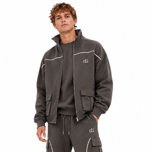 Men's Stand Collar Zip Up <b>Track</b> <b>Jacket</b> Oversized Pipied Hoodies Custom Cargo Pocket Wide Leg Sweatpants Sets Heavyweight Cotton - Product Image 2