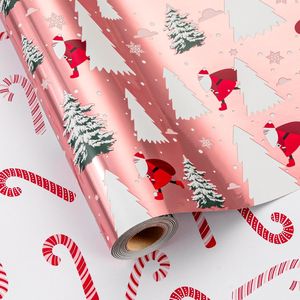 Christmas Reversible Wrapping Paper Roll Pink Metallic Foil with Santa Tree on Snowfield <b>Candy</b> Cane Design Holiday Supplies - Product Image 1