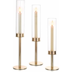 Modern Brass Candle Stand Set with <b>Glass</b> Shades for Home Decoration Wedding Use Heat Resistant Metal Holder - Product Image 1