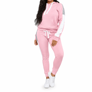 Ensemble de survêtement pour femmes, sweat-shirt à capuche rose à blocs de couleur, manches longues, pantalon de jogging en molleton, ensemble de sport décontracté 2 pièces - Product Image 1