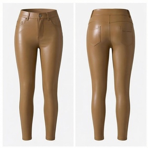 <b>High</b> <b>Waist</b> Full Length <b>Leather</b> Pants With Pockets Button Fly Solid Color Active Stretch Women's <b>Leggings</b> - Product Image 1