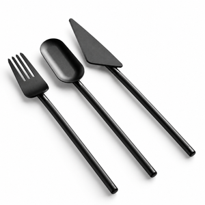 Juego de Utensilios de Cocina Negro Mate de Tres Piezas: Espátula, Cuchara para Servir y Servidor Triangular | Utensilio de Cocina Antiadherente Moderno con Mango Largo - Product Image 1
