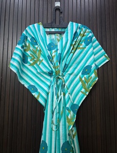 Caftán de Algodón con Estampado Floral para Mujer, Cuello en V, Manga Corta, Largo Completo, con Cordón Ajustable, Ropa de Dormir Informal de Verano - Product Image 6